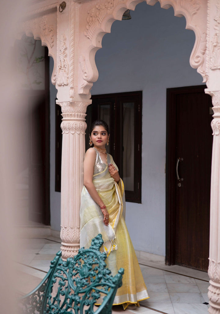 Pre oredr Ombre Yellow and Silver Tissue Linen Saree | Shobitam Saree