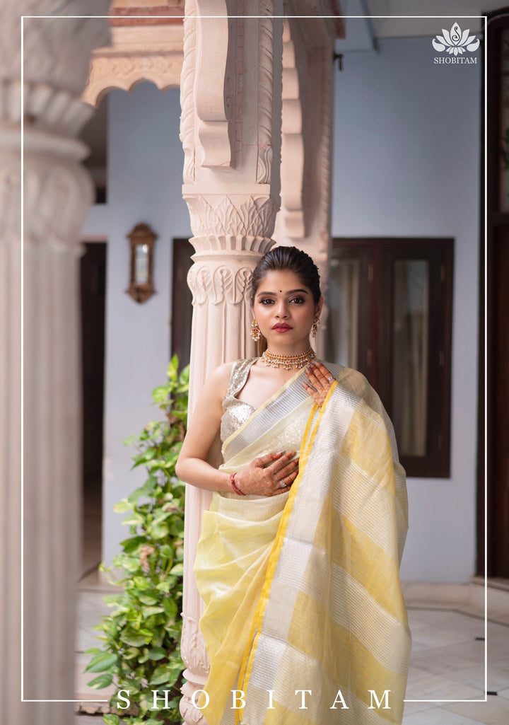 Pre oredr Ombre Yellow and Silver Tissue Linen Saree | Shobitam Saree