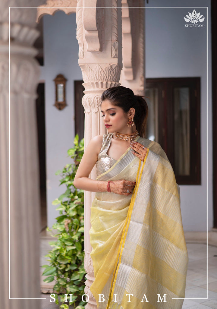 Pre oredr Ombre Yellow and Silver Tissue Linen Saree | Shobitam Saree