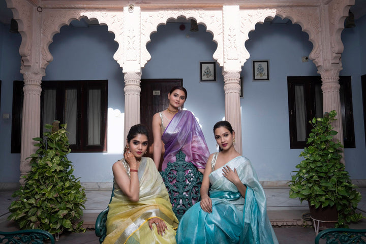 Pre oredr Ombre Yellow and Silver Tissue Linen Saree | Shobitam Saree