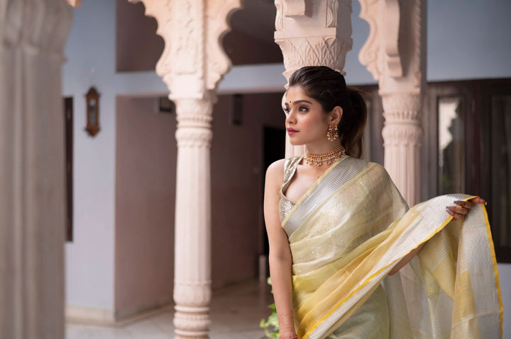 Pre oredr Ombre Yellow and Silver Tissue Linen Saree | Shobitam Saree