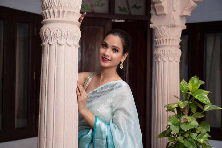 SHOBITAM Designer Collections - Pretty Ocean Blue Ombre Tissue Linen saree | Sarees by SHOBITAM