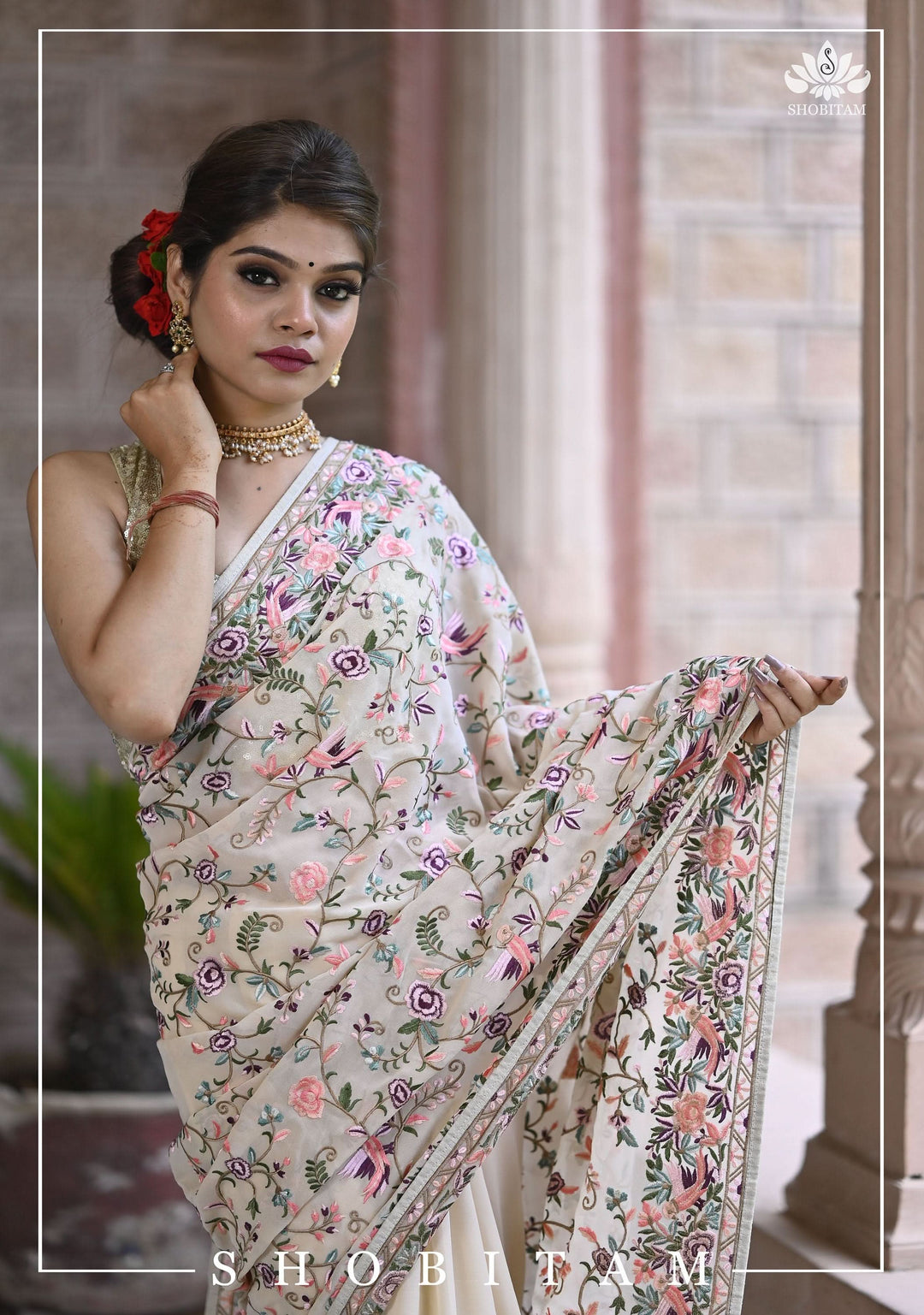 Parsi Gara Design Machine Embroidered Saree in Chalk White