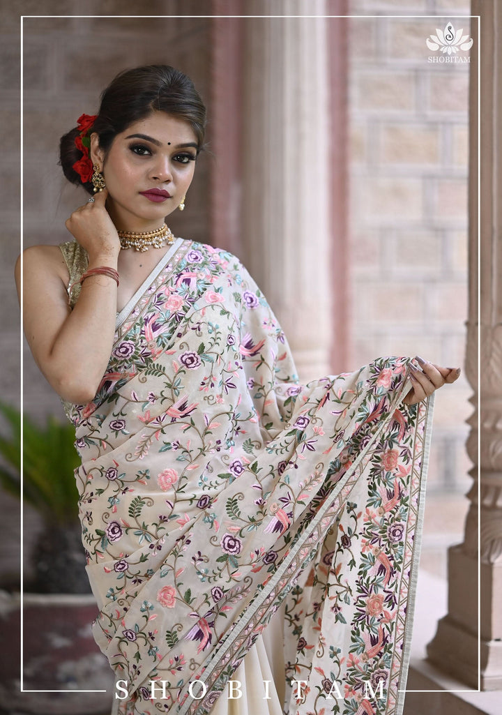 Parsi Gara Design Machine Embroidered Saree in Chalk White