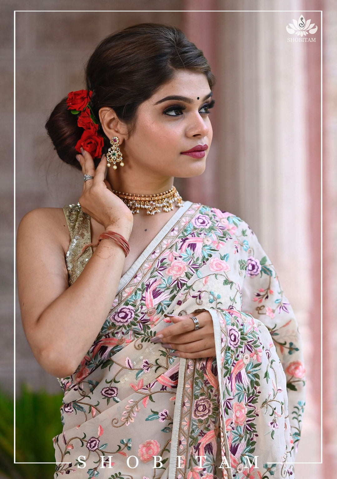 Parsi Gara Design Machine Embroidered Saree in Chalk White