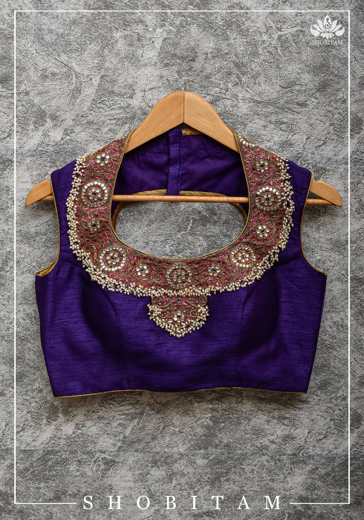 Size 36 Necklace Design Jadau Ornamental Sleeveless Blouse in Purple Raw SIlk | Shobitam Blouse