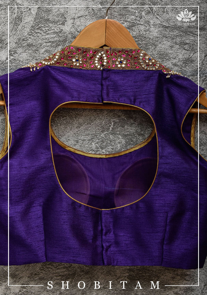 Size 36 Necklace Design Jadau Ornamental Sleeveless Blouse in Purple Raw SIlk | Shobitam Blouse