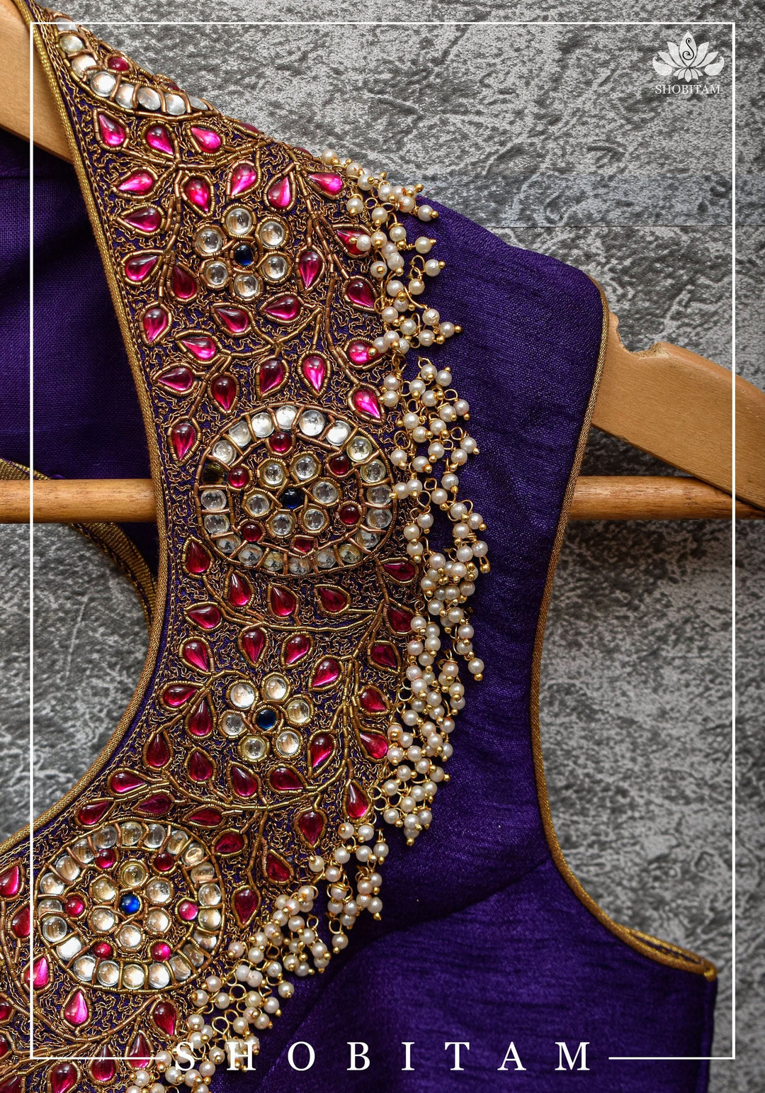 Size 36 Necklace Design Jadau Ornamental Sleeveless Blouse in Purple Raw SIlk | Shobitam Blouse