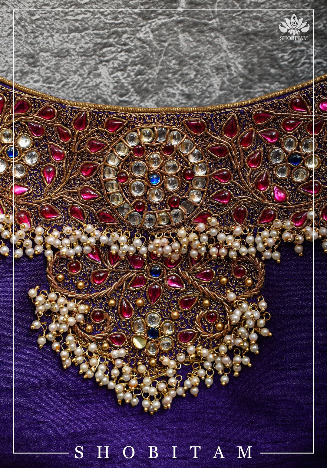 Size 36 Necklace Design Jadau Ornamental Sleeveless Blouse in Purple Raw SIlk | Shobitam Blouse