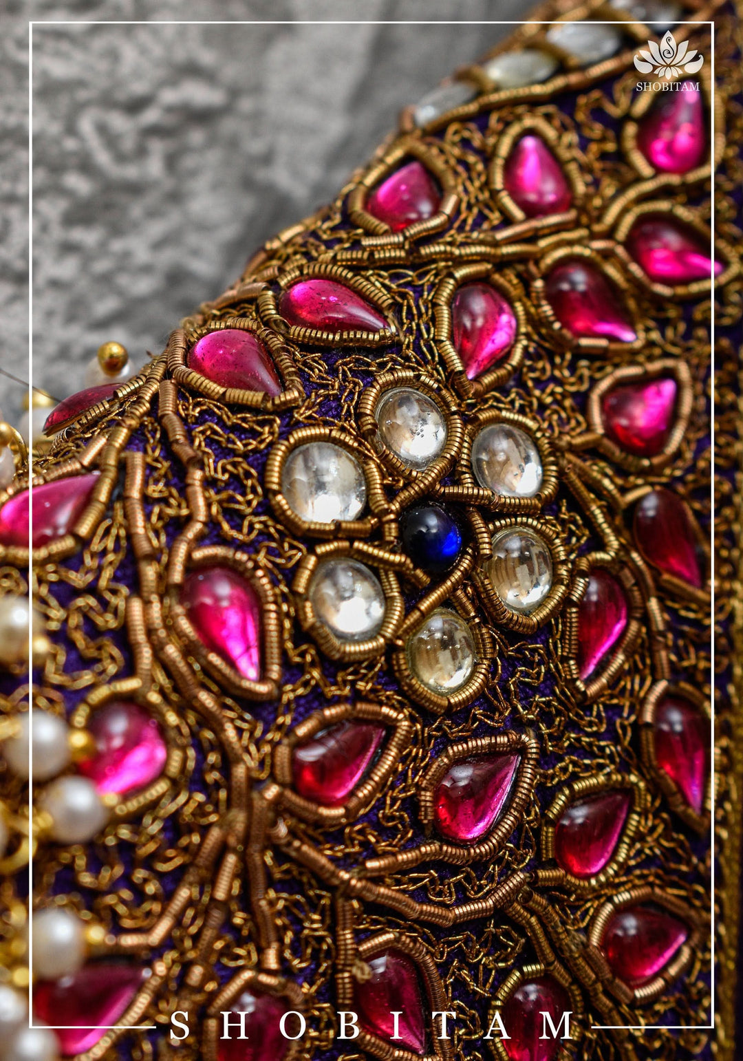 Size 36 Necklace Design Jadau Ornamental Sleeveless Blouse in Purple Raw SIlk | Shobitam Blouse