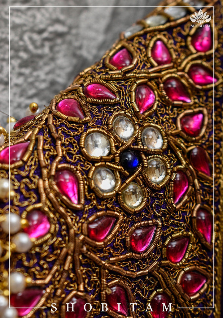 Size 36 Necklace Design Jadau Ornamental Sleeveless Blouse in Purple Raw SIlk | Shobitam Blouse