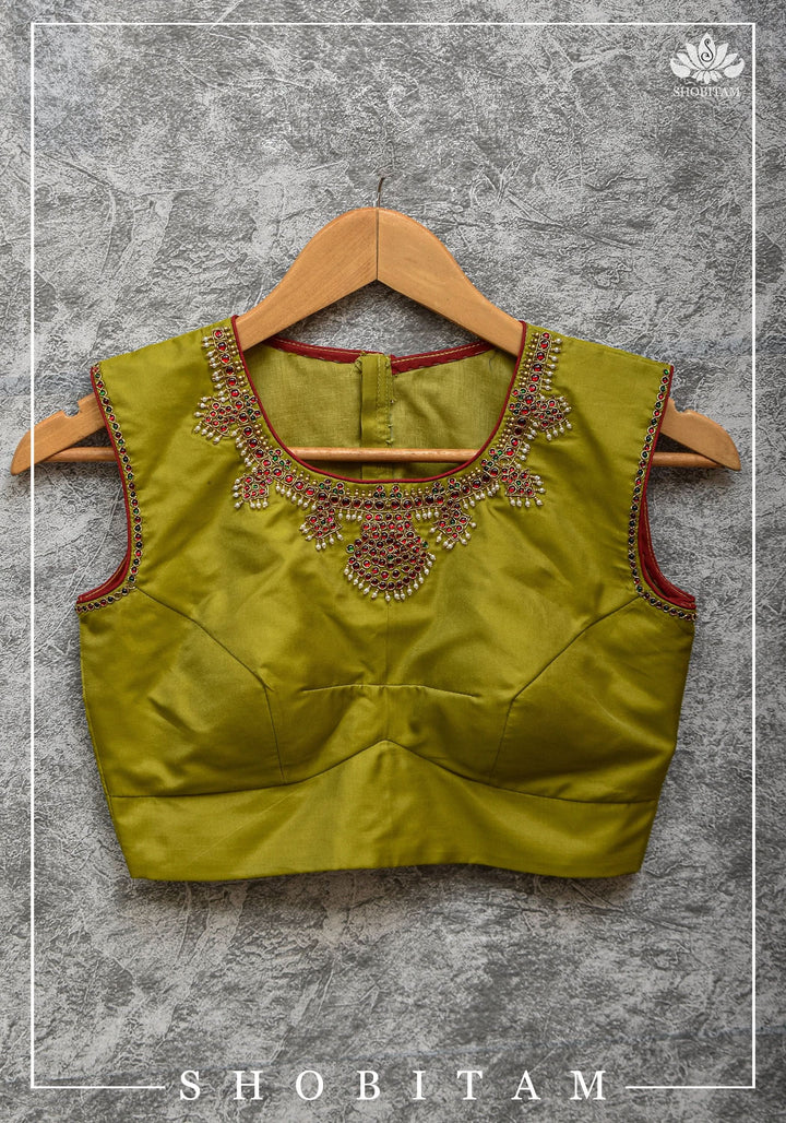 Custom Made:  Necklace Design Jadau Ornamental Sleeveless Blouse in  Pure SIlk | Shobitam Blouse