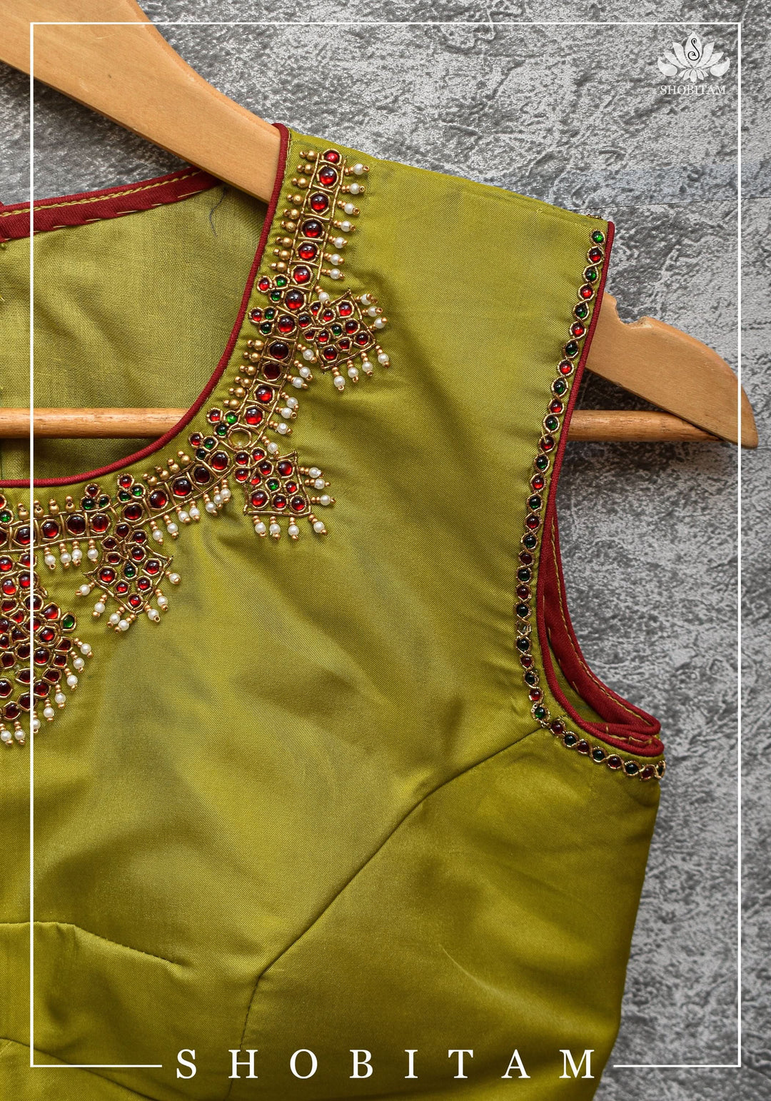 Custom Made:  Necklace Design Jadau Ornamental Sleeveless Blouse in  Pure SIlk | Shobitam Blouse