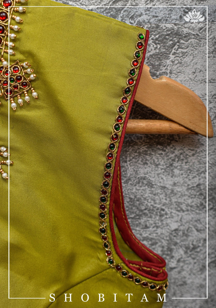 Custom Made:  Necklace Design Jadau Ornamental Sleeveless Blouse in  Pure SIlk | Shobitam Blouse