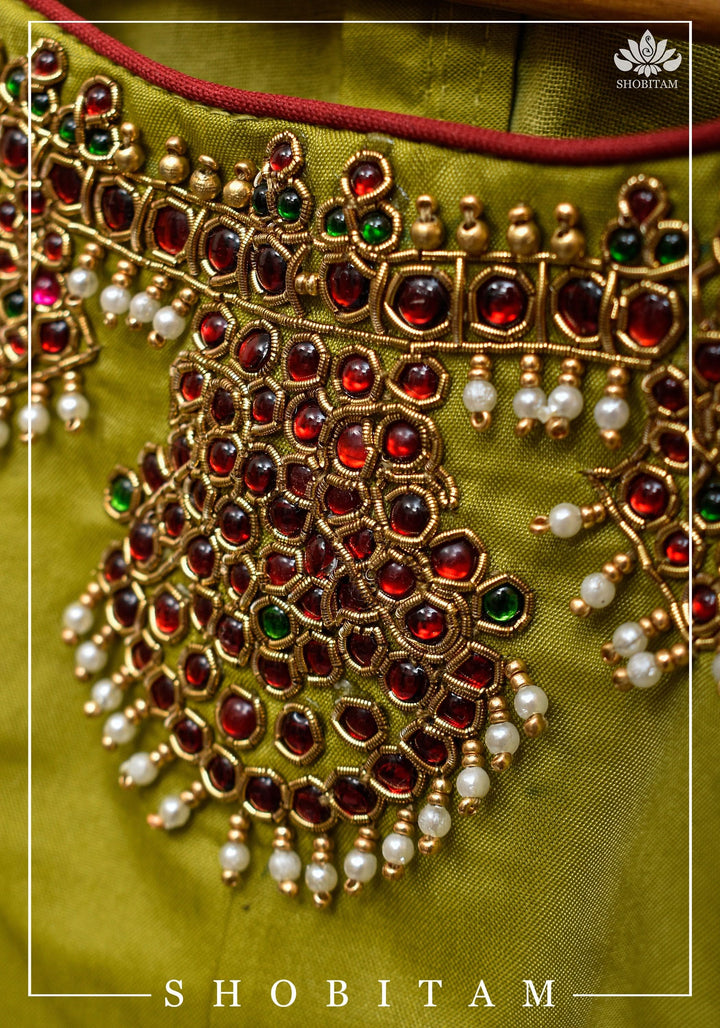 Custom Made:  Necklace Design Jadau Ornamental Sleeveless Blouse in  Pure SIlk | Shobitam Blouse