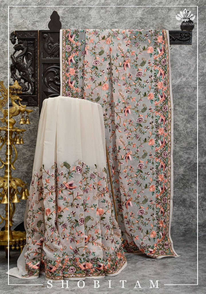 Parsi Gara Design Machine Embroidered Saree in Chalk White