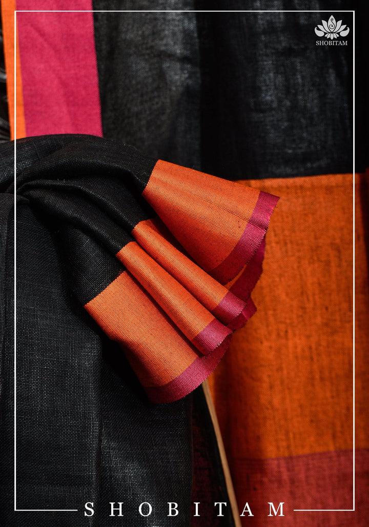 per orderGanga Jamuna Borders on Black Linen by Linen Saree | Sarees by Shobitam