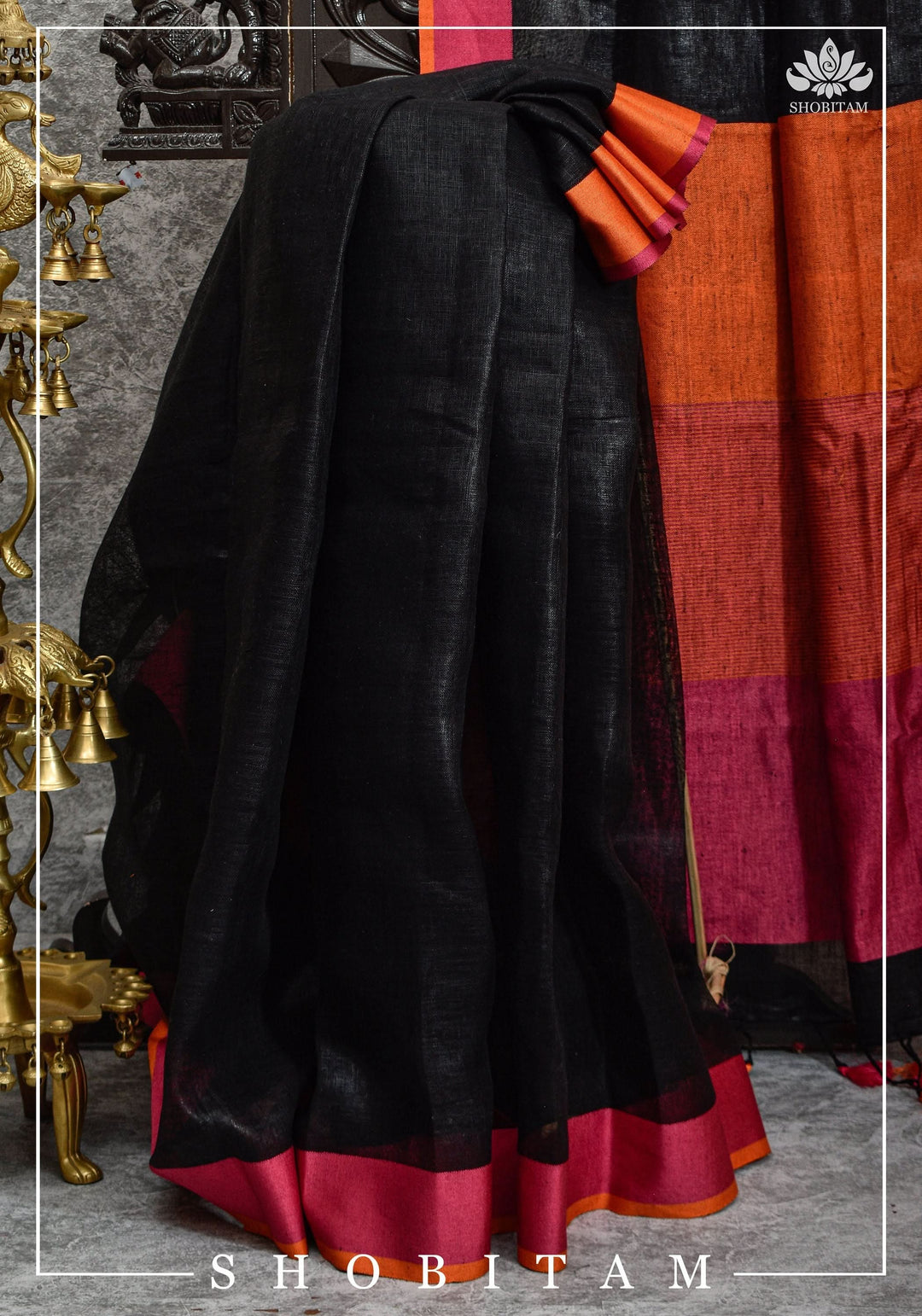 per orderGanga Jamuna Borders on Black Linen by Linen Saree | Sarees by Shobitam