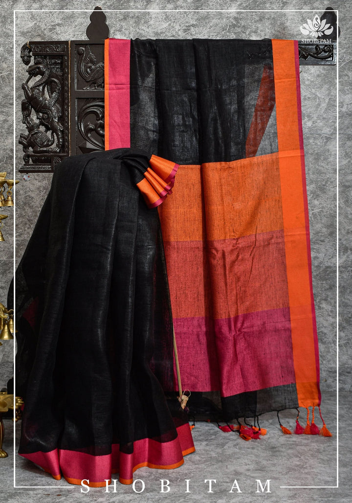 per orderGanga Jamuna Borders on Black Linen by Linen Saree | Sarees by Shobitam