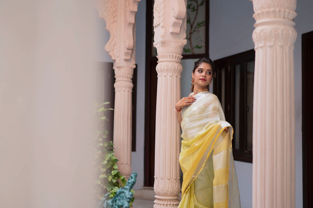 Pre oredr Ombre Yellow and Silver Tissue Linen Saree | Shobitam Saree