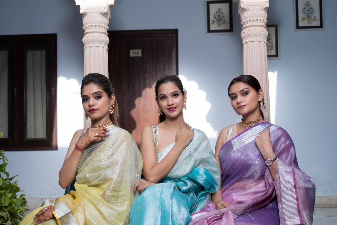 Pre oredr Ombre Yellow and Silver Tissue Linen Saree | Shobitam Saree