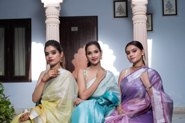 Pre oredr Ombre Yellow and Silver Tissue Linen Saree | Shobitam Saree