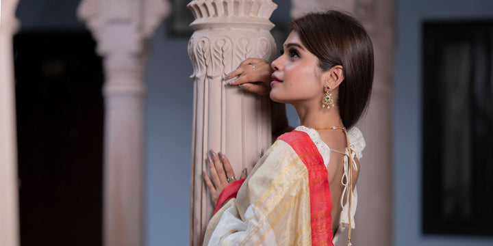 Lovely Wide Border Linen Saree in Ivory and Red with Gold Zari | Lal Paar Saree I White and Red Saree