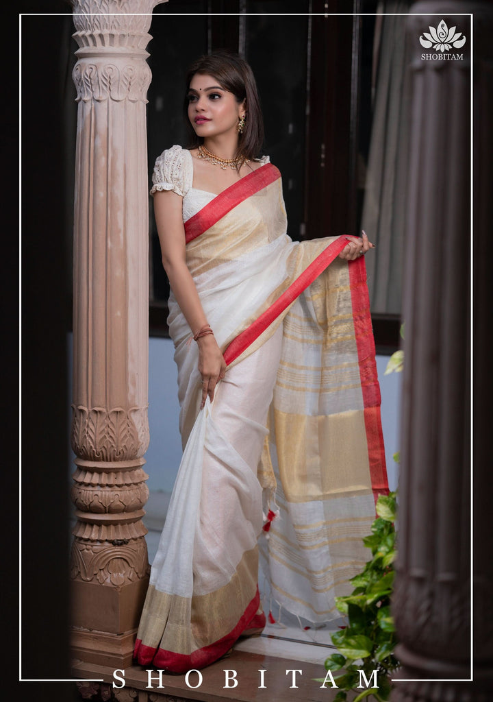 Lovely Wide Border Linen Saree in Ivory and Red with Gold Zari | Lal Paar Saree I White and Red Saree