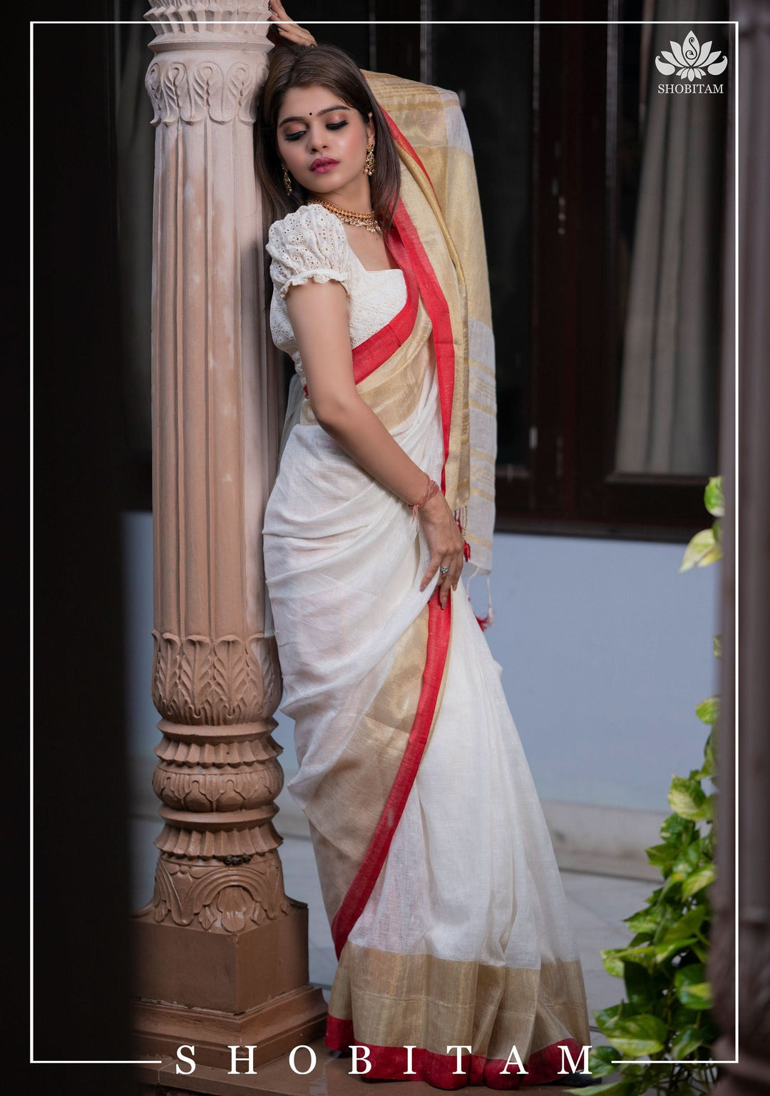 Lovely Wide Border Linen Saree in Ivory and Red with Gold Zari | Lal Paar Saree I White and Red Saree