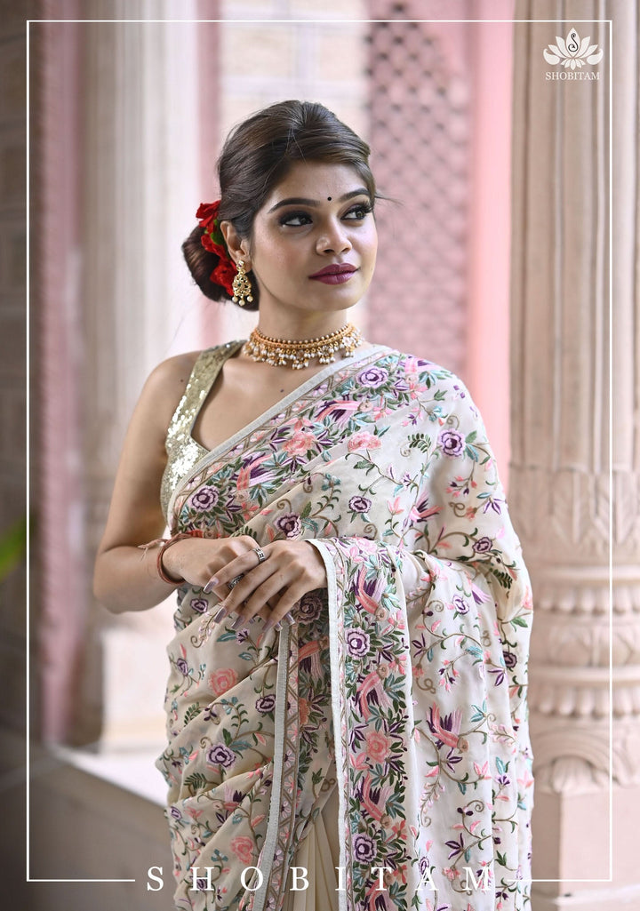 Parsi Gara Design Machine Embroidered Saree in Chalk White