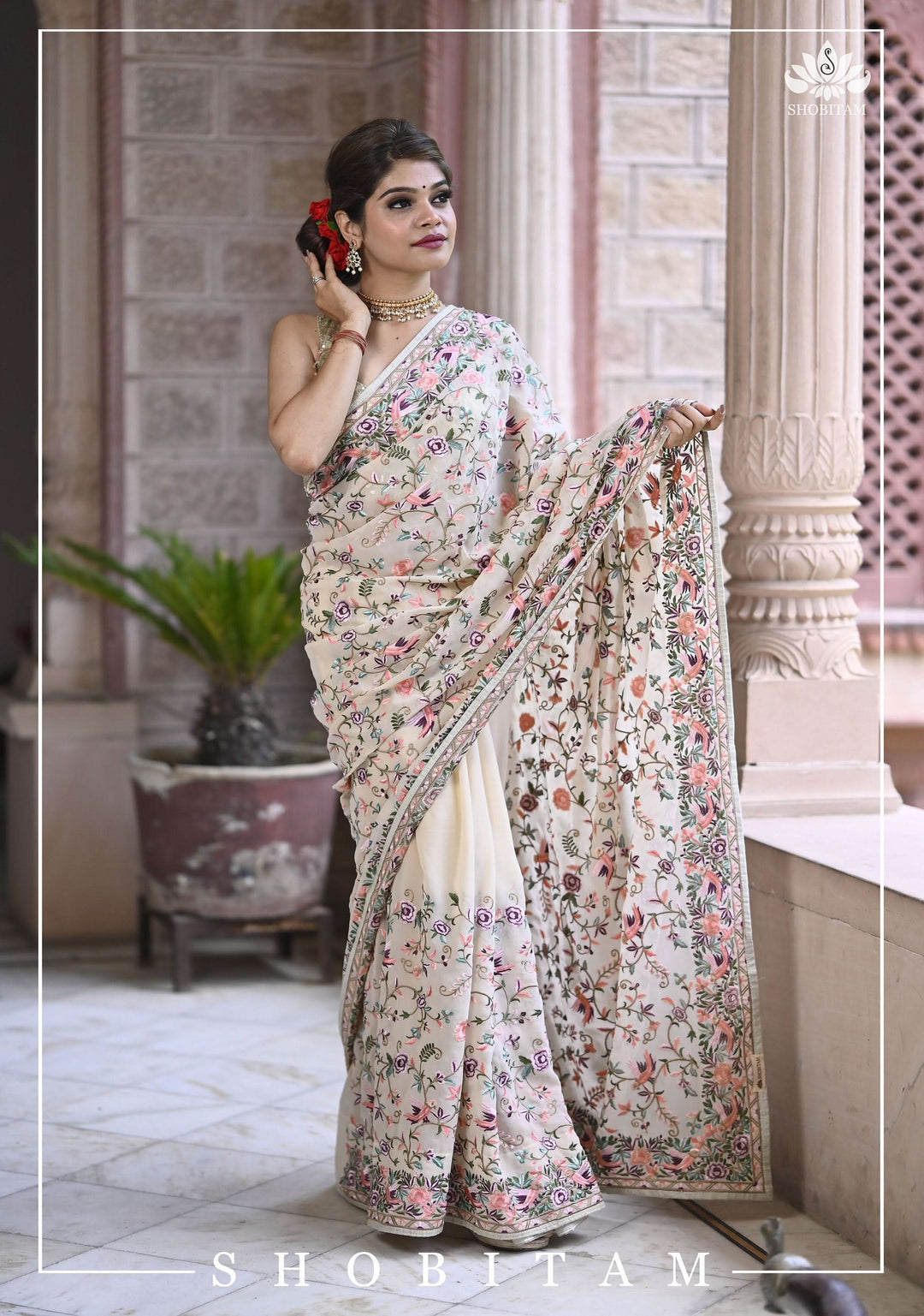 Parsi Gara Design Machine Embroidered Saree in Chalk White