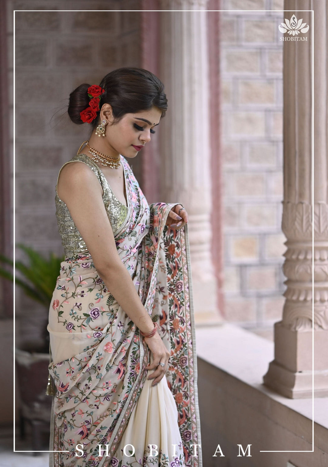 Parsi Gara Design Machine Embroidered Saree in Chalk White