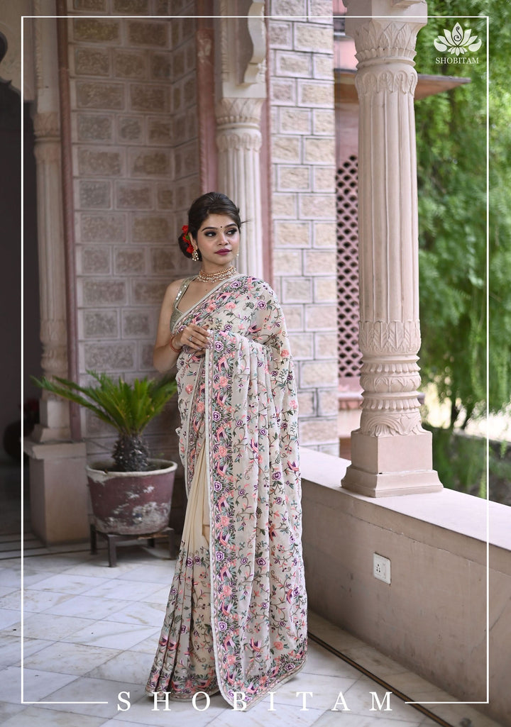 Parsi Gara Design Machine Embroidered Saree in Chalk White