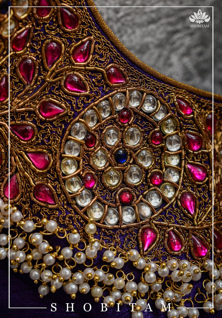 Size 36 Necklace Design Jadau Ornamental Sleeveless Blouse in Purple Raw SIlk | Shobitam Blouse