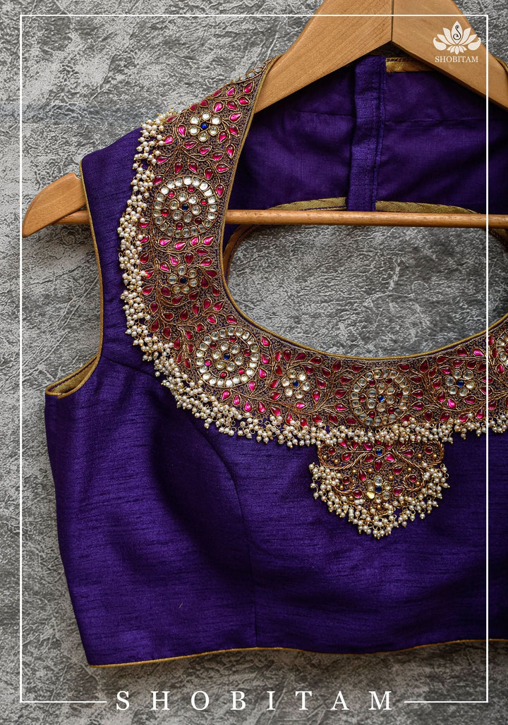 Size 36 Necklace Design Jadau Ornamental Sleeveless Blouse in Purple Raw SIlk | Shobitam Blouse