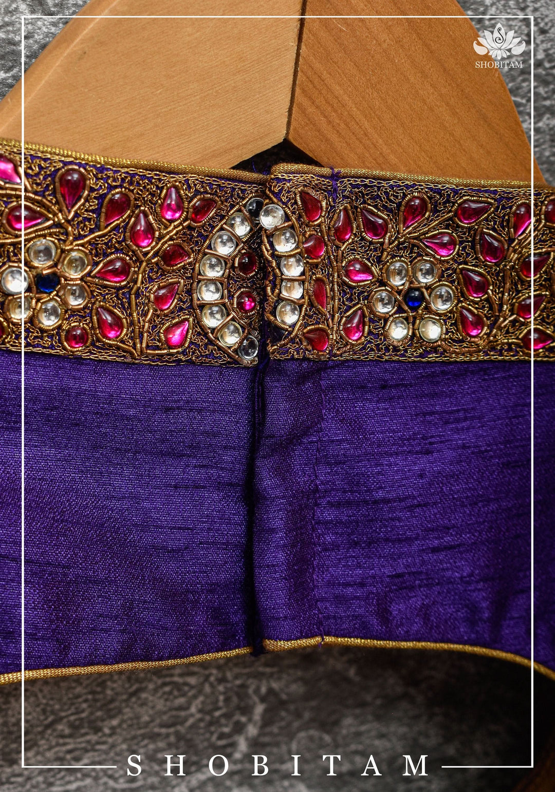 Size 36 Necklace Design Jadau Ornamental Sleeveless Blouse in Purple Raw SIlk | Shobitam Blouse