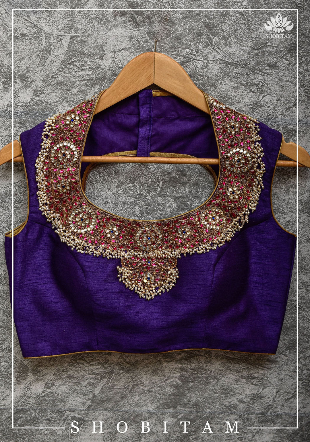 Size 36 Necklace Design Jadau Ornamental Sleeveless Blouse in Purple Raw SIlk | Shobitam Blouse