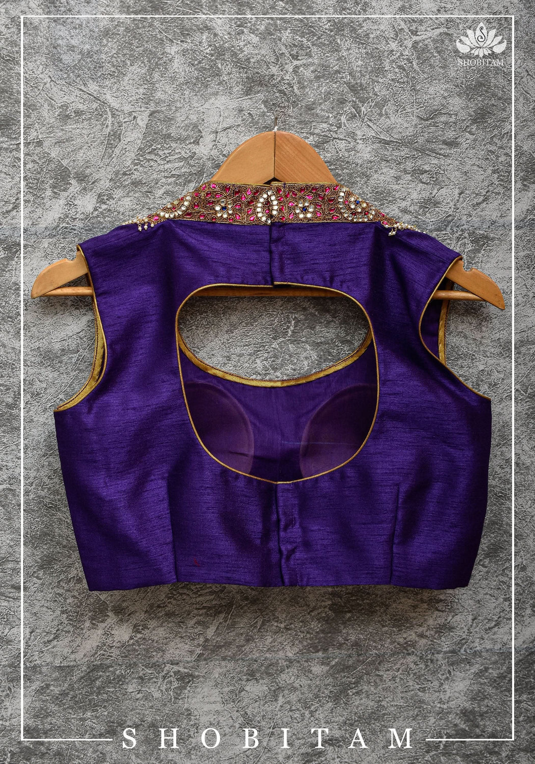 Size 36 Necklace Design Jadau Ornamental Sleeveless Blouse in Purple Raw SIlk | Shobitam Blouse