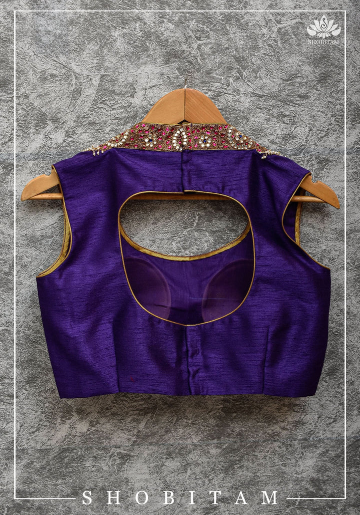 Size 36 Necklace Design Jadau Ornamental Sleeveless Blouse in Purple Raw SIlk | Shobitam Blouse