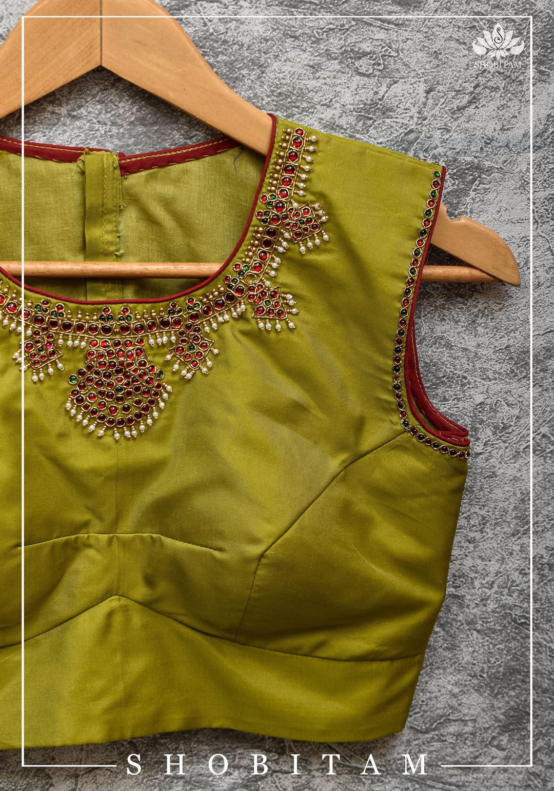 Custom Made:  Necklace Design Jadau Ornamental Sleeveless Blouse in  Pure SIlk | Shobitam Blouse