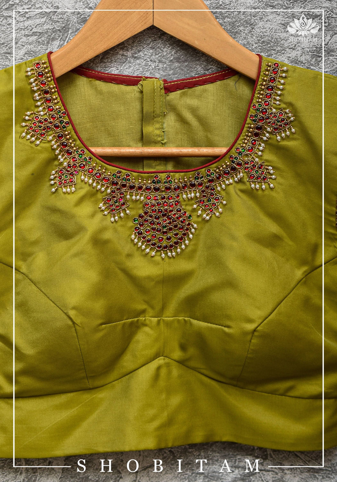 Custom Made:  Necklace Design Jadau Ornamental Sleeveless Blouse in  Pure SIlk | Shobitam Blouse