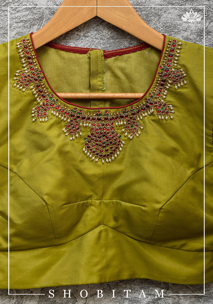 Custom Made:  Necklace Design Jadau Ornamental Sleeveless Blouse in  Pure SIlk | Shobitam Blouse