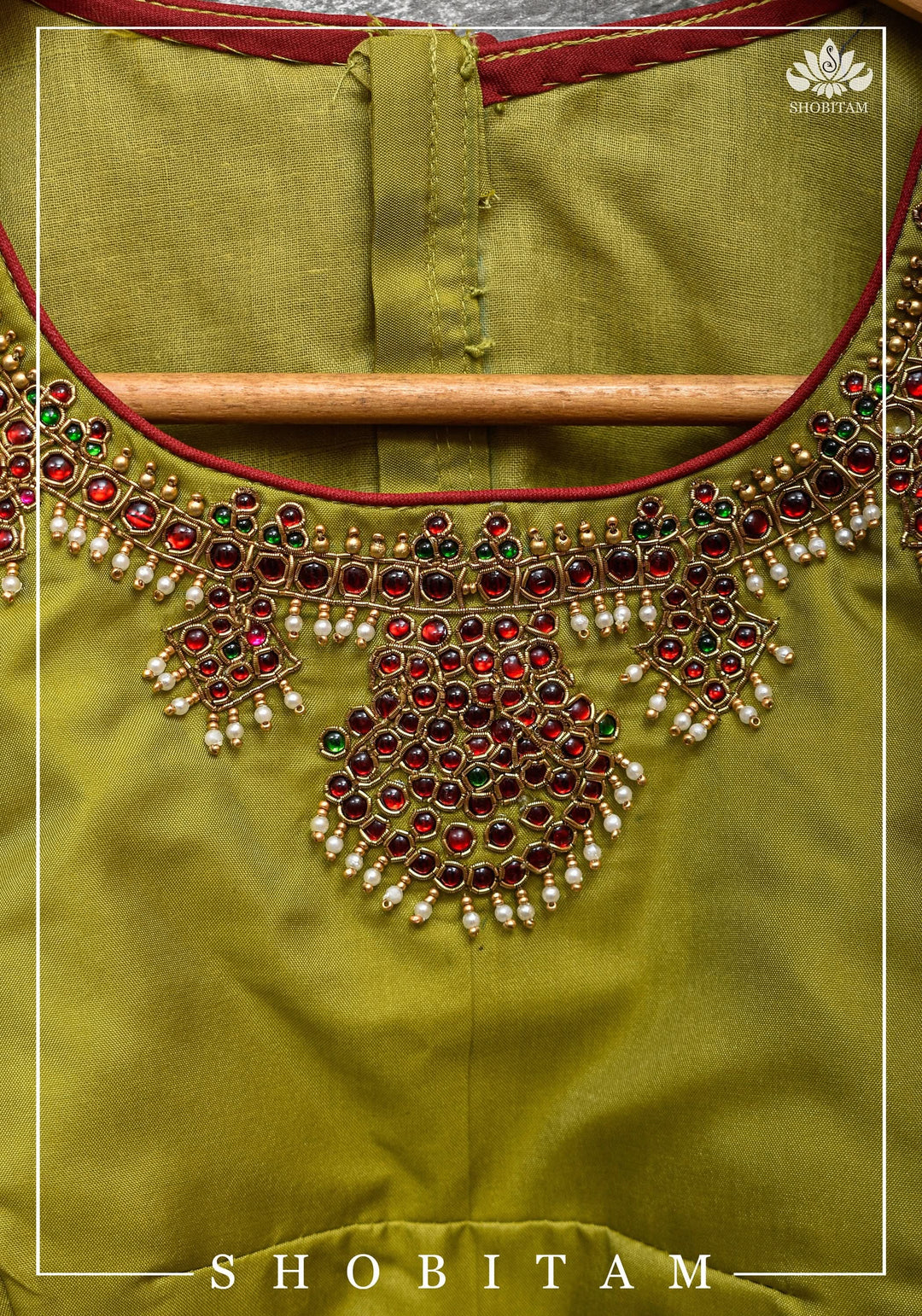Custom Made:  Necklace Design Jadau Ornamental Sleeveless Blouse in  Pure SIlk | Shobitam Blouse