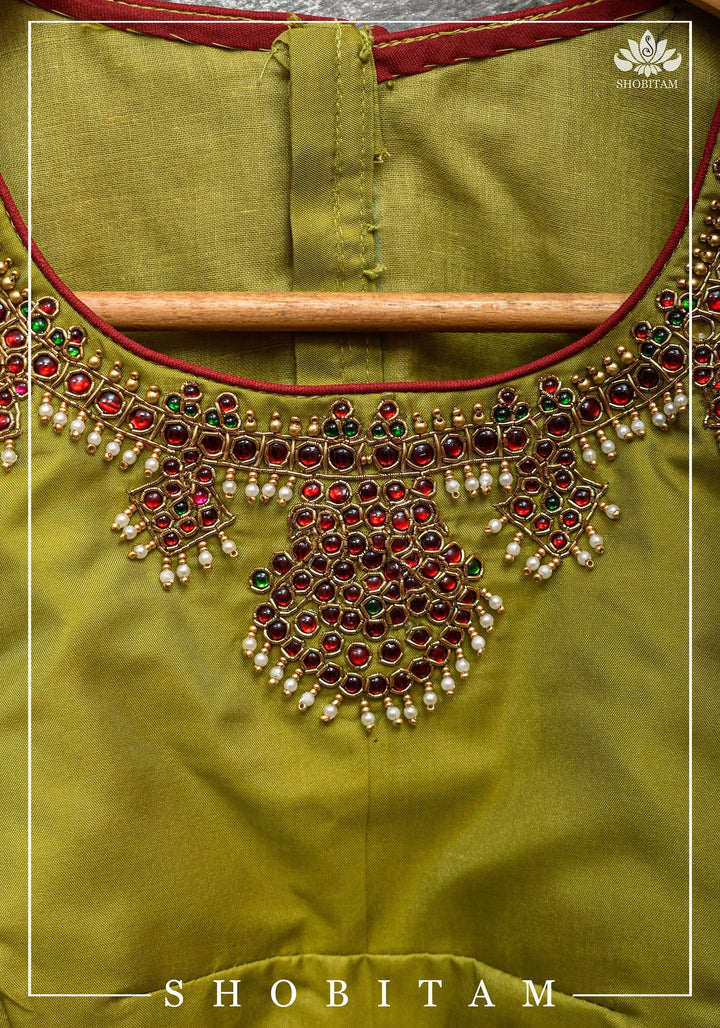 Custom Made:  Necklace Design Jadau Ornamental Sleeveless Blouse in  Pure SIlk | Shobitam Blouse