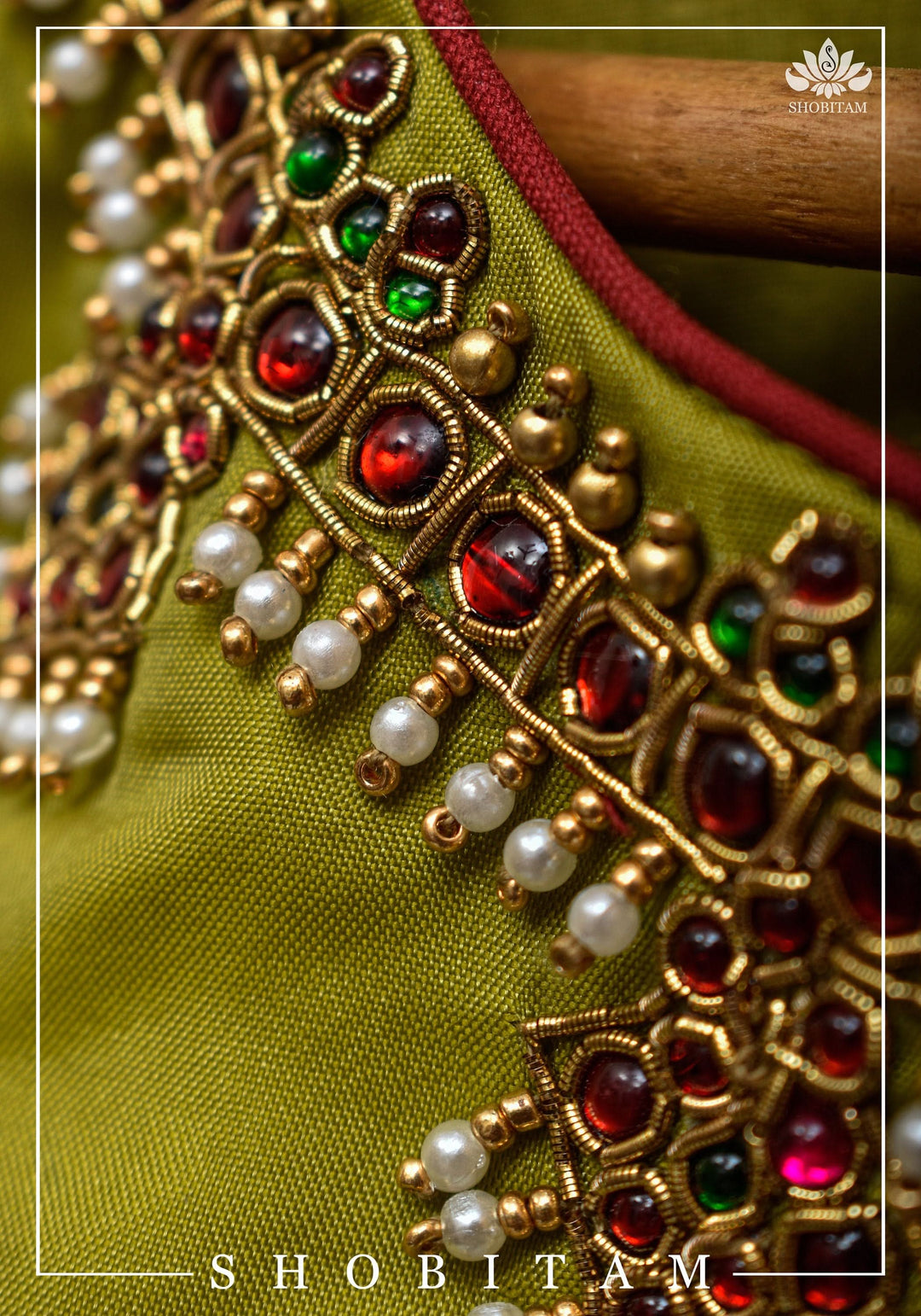 Custom Made:  Necklace Design Jadau Ornamental Sleeveless Blouse in  Pure SIlk | Shobitam Blouse