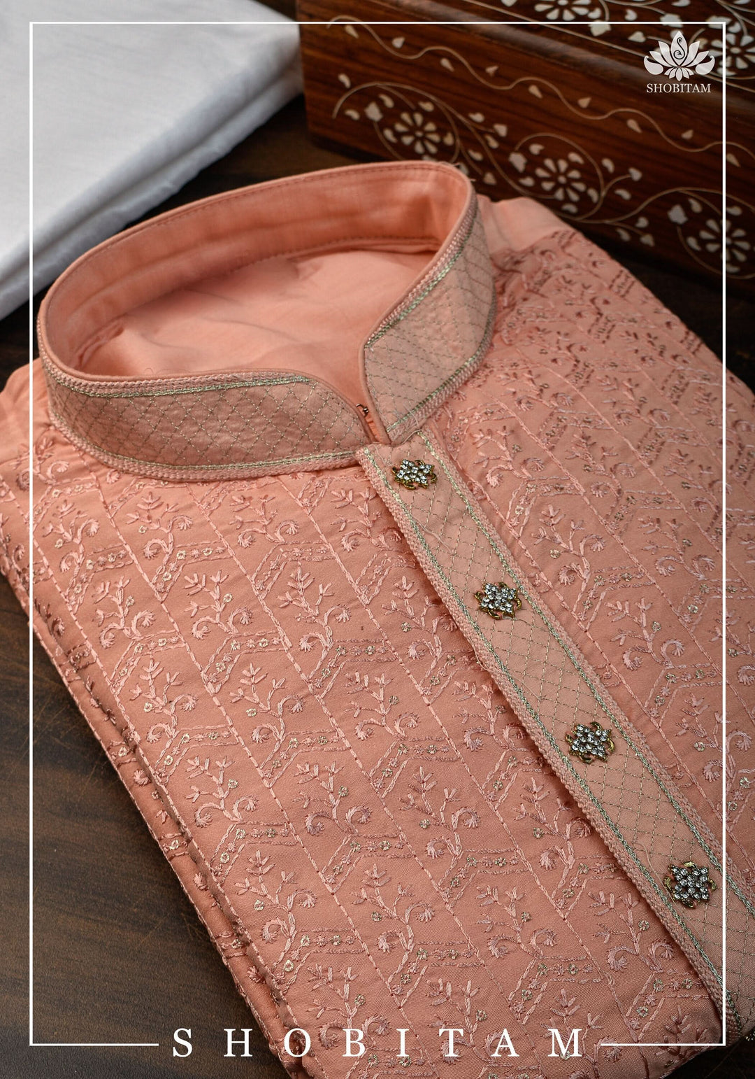 Peach Embroidered and sequin embellished Kurta Pajama Set for Men,  Multiple Size | Ethnic Menswear by Shobitam