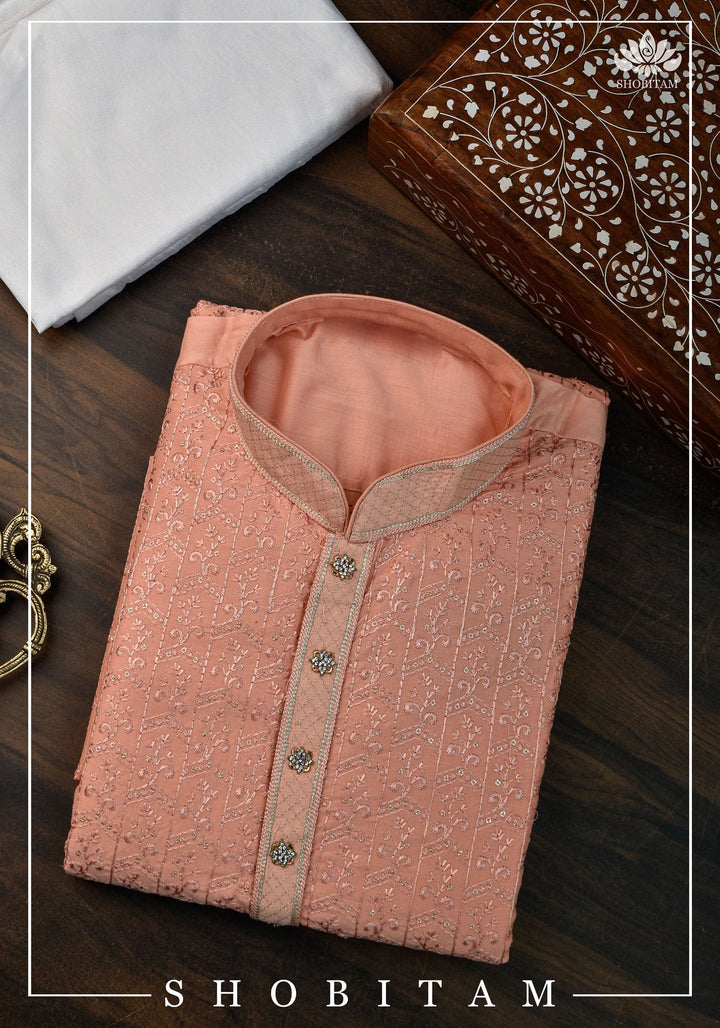 Peach Embroidered and sequin embellished Kurta Pajama Set for Men,  Multiple Size | Ethnic Menswear by Shobitam