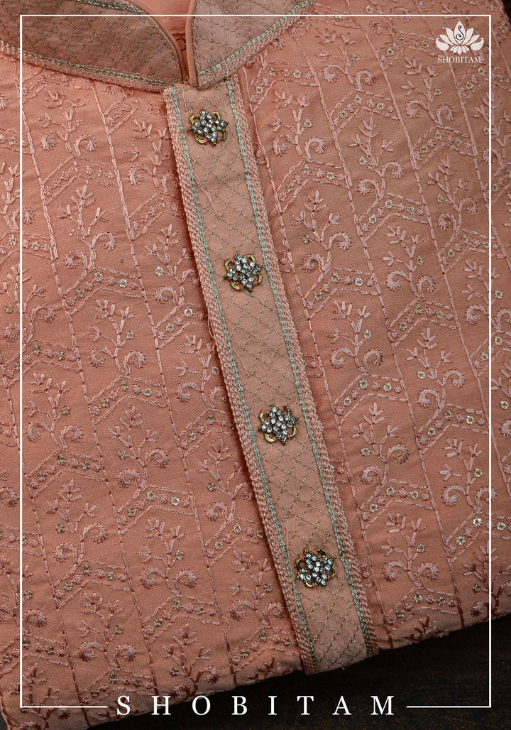 Peach Embroidered and sequin embellished Kurta Pajama Set for Men,  Multiple Size | Ethnic Menswear by Shobitam