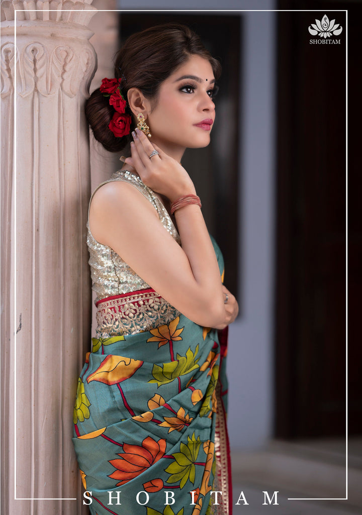 Gajji Silk Saree with Gotta Patti Border and kalamkari Digital Print