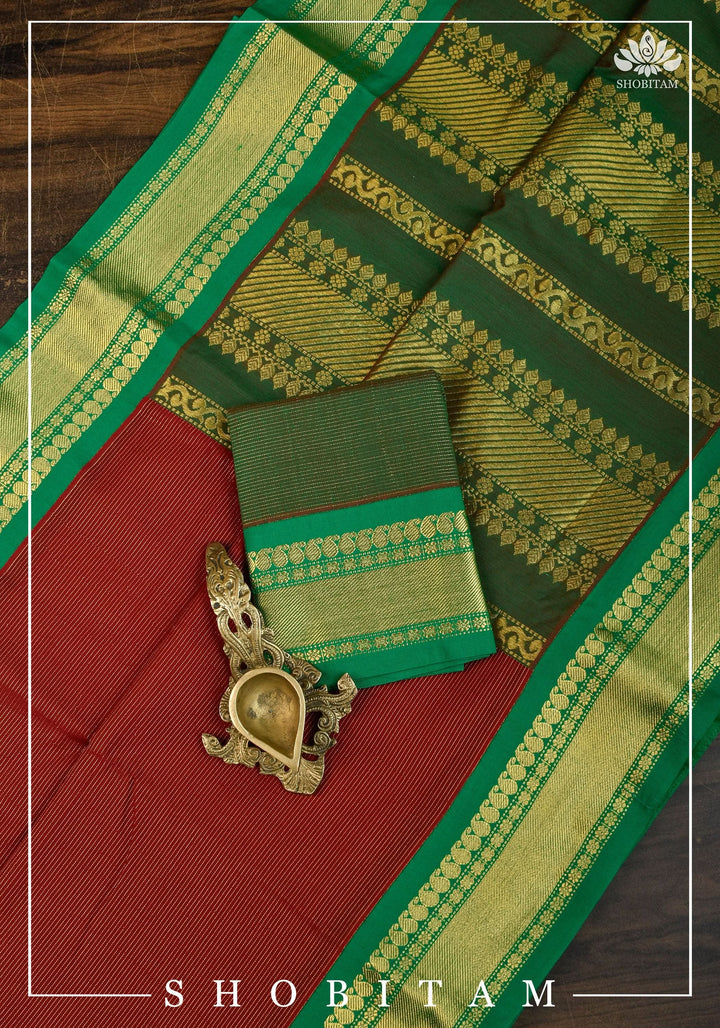 Green and Red Vairaoosi Cotton Silk Saree | Shobitam Saree